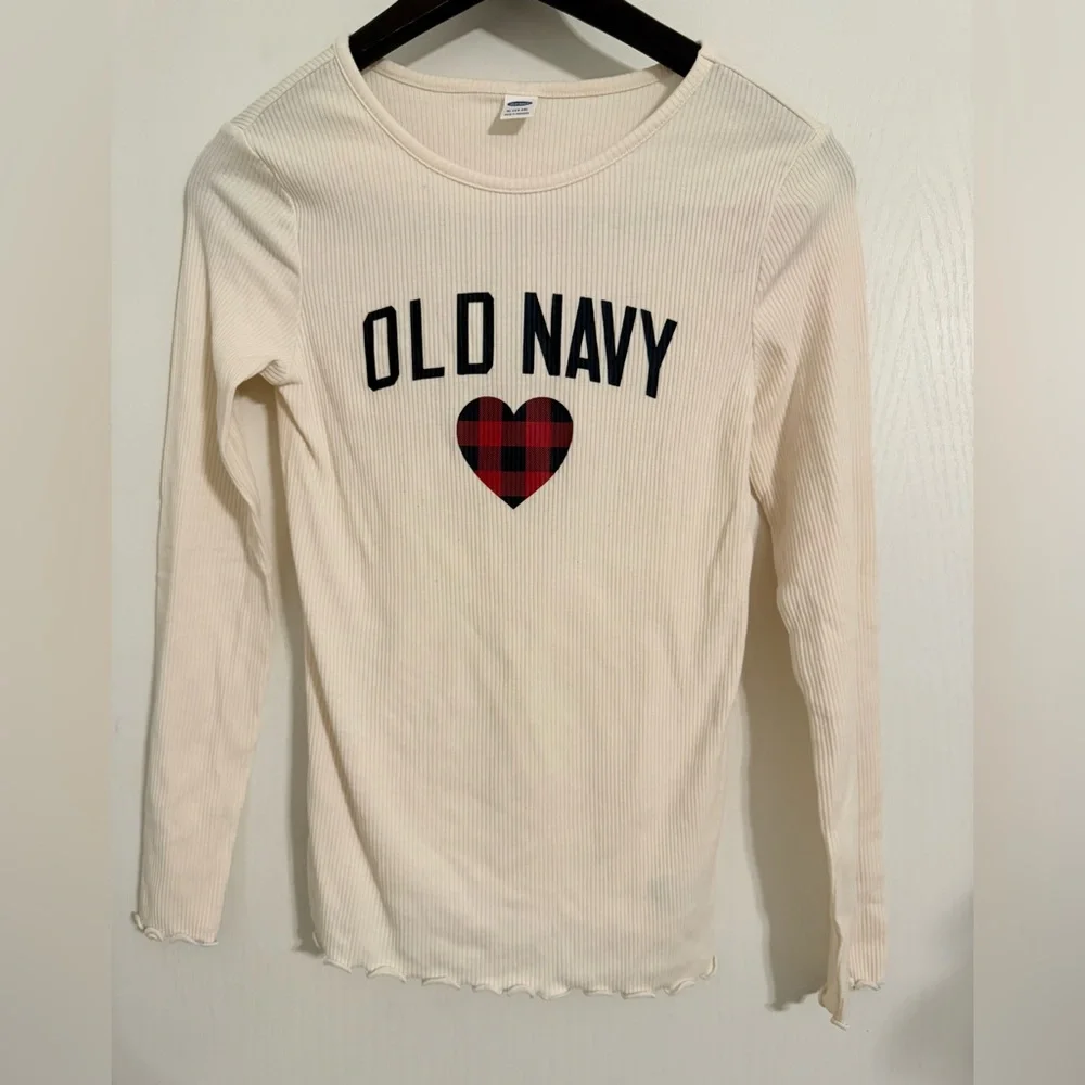 Old Navy Cream Ribbed Top Buffalo check heart Size XL 14-16